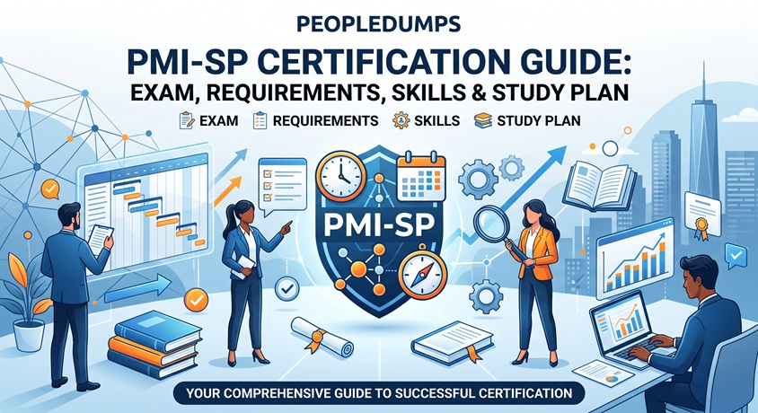 PMI-SP Certification Guide overview illustrating exam preparation, eligibility requirements, scheduling skills, and study plan.