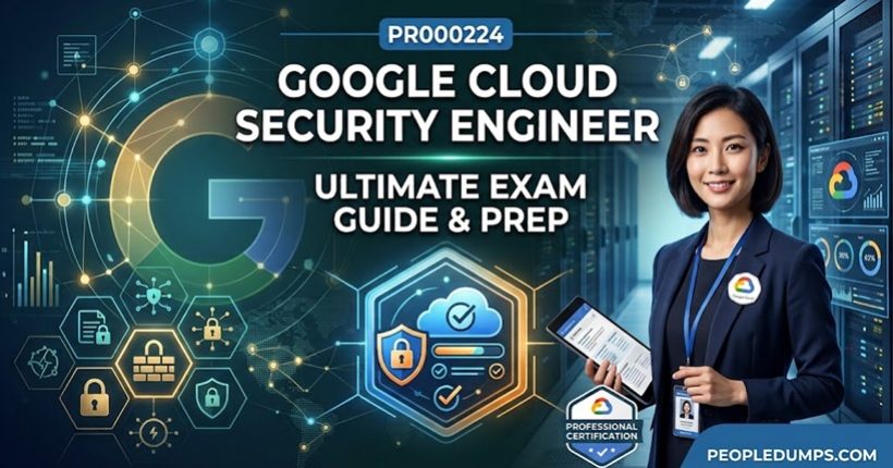 Google Cloud Security Engineer PR000224 certification exam study guide cover banner featuring a professional engineer and cloud cybersecurity network icons.