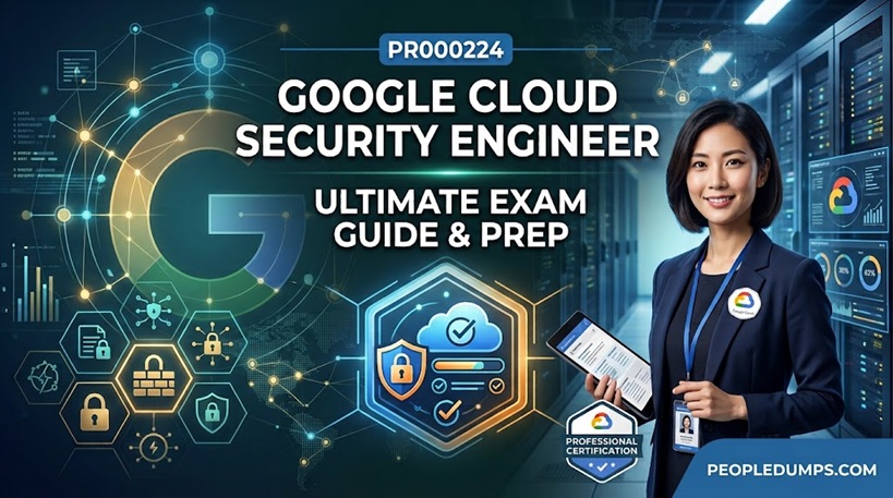 Google Cloud Security Engineer PR000224 certification exam study guide cover banner featuring a professional engineer and cloud cybersecurity network icons.