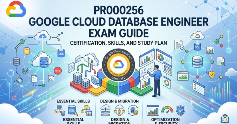 PR000256 Google Cloud Database Engineer exam guide banner featuring certification roadmap, cloud database architecture, and study plan