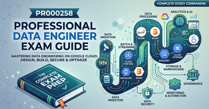 PR000258 Professional Data Engineer Exam Guide cover illustration showing Google Cloud data pipeline architecture, data ingestion, processing, and analytics.