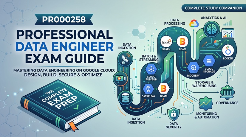 PR000258 Professional Data Engineer Exam Guide cover illustration showing Google Cloud data pipeline architecture, data ingestion, processing, and analytics.