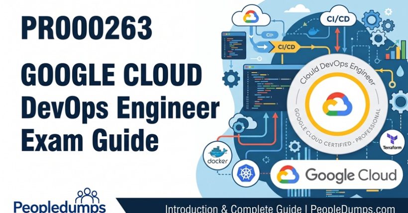 PR000263 Google Cloud Certified Professional Cloud DevOps Engineer exam guide banner featuring CI/CD, Docker, and Kubernetes icons.
