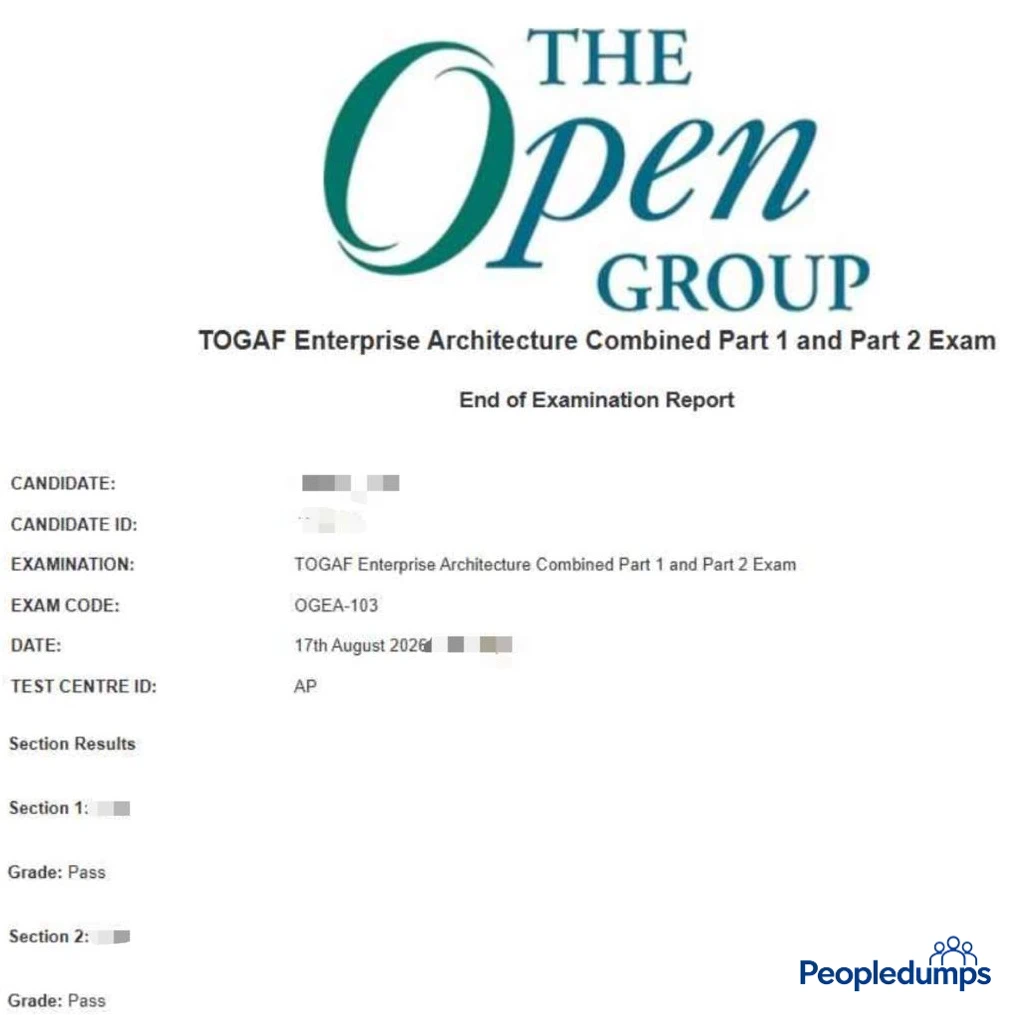 The Open Group OGEA-103 TOGAF Enterprise Architecture Combined Part 1 and Part 2 exam report showing Pass results on August 17, 2026