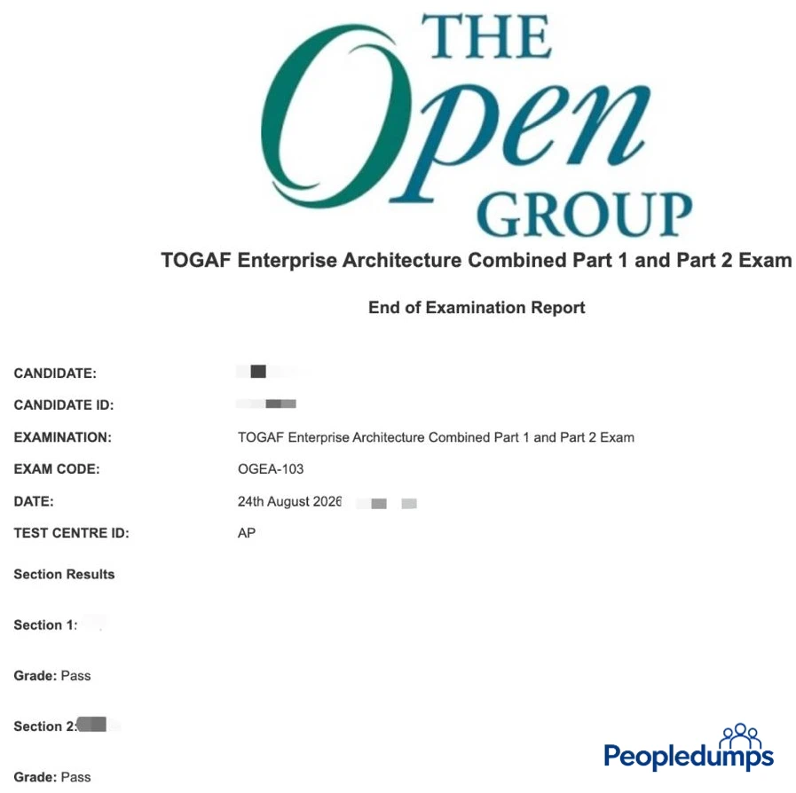 The Open Group OGEA-103 TOGAF Enterprise Architecture Combined Part 1 and Part 2 exam report showing Pass results on August 24, 2026