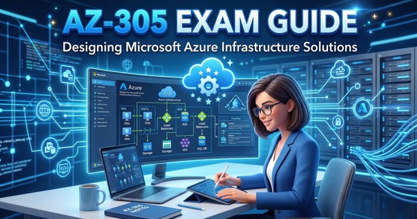 AZ-305 exam study guide cover showing a cloud solutions architect designing Microsoft Azure infrastructure.