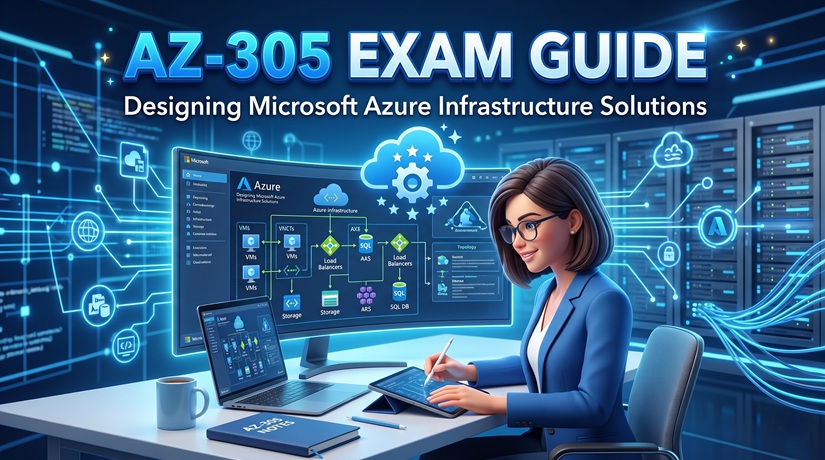 AZ-305 exam study guide cover showing a cloud solutions architect designing Microsoft Azure infrastructure.