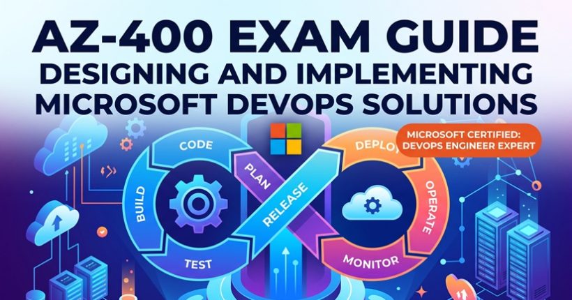 AZ-400 Exam Guide cover featuring the Microsoft DevOps lifecycle loop, cloud infrastructure, and server racks.