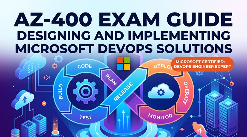 AZ-400 Exam Guide cover featuring the Microsoft DevOps lifecycle loop, cloud infrastructure, and server racks.