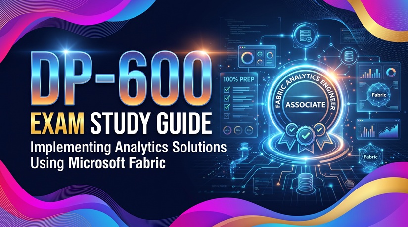 DP-600 Exam Study Guide cover featuring Microsoft Fabric Analytics Engineer Associate certification badge and modern data architecture graphics.