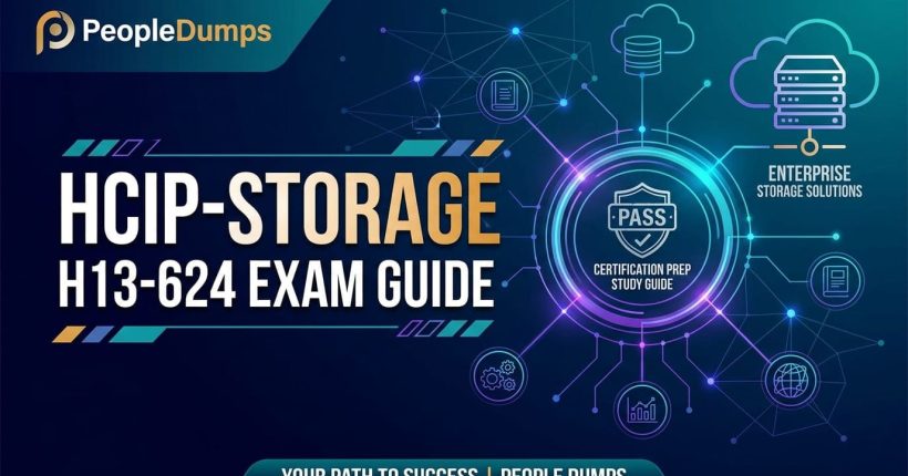 H13-624 HCIP-Storage Exam Guide cover art featuring enterprise storage network architecture and certification prep icons