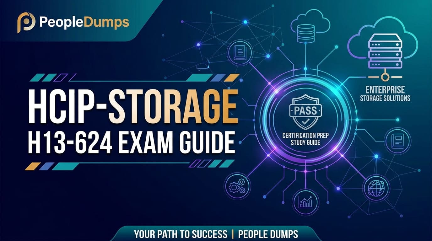 H13-624 HCIP-Storage Exam Guide cover art featuring enterprise storage network architecture and certification prep icons