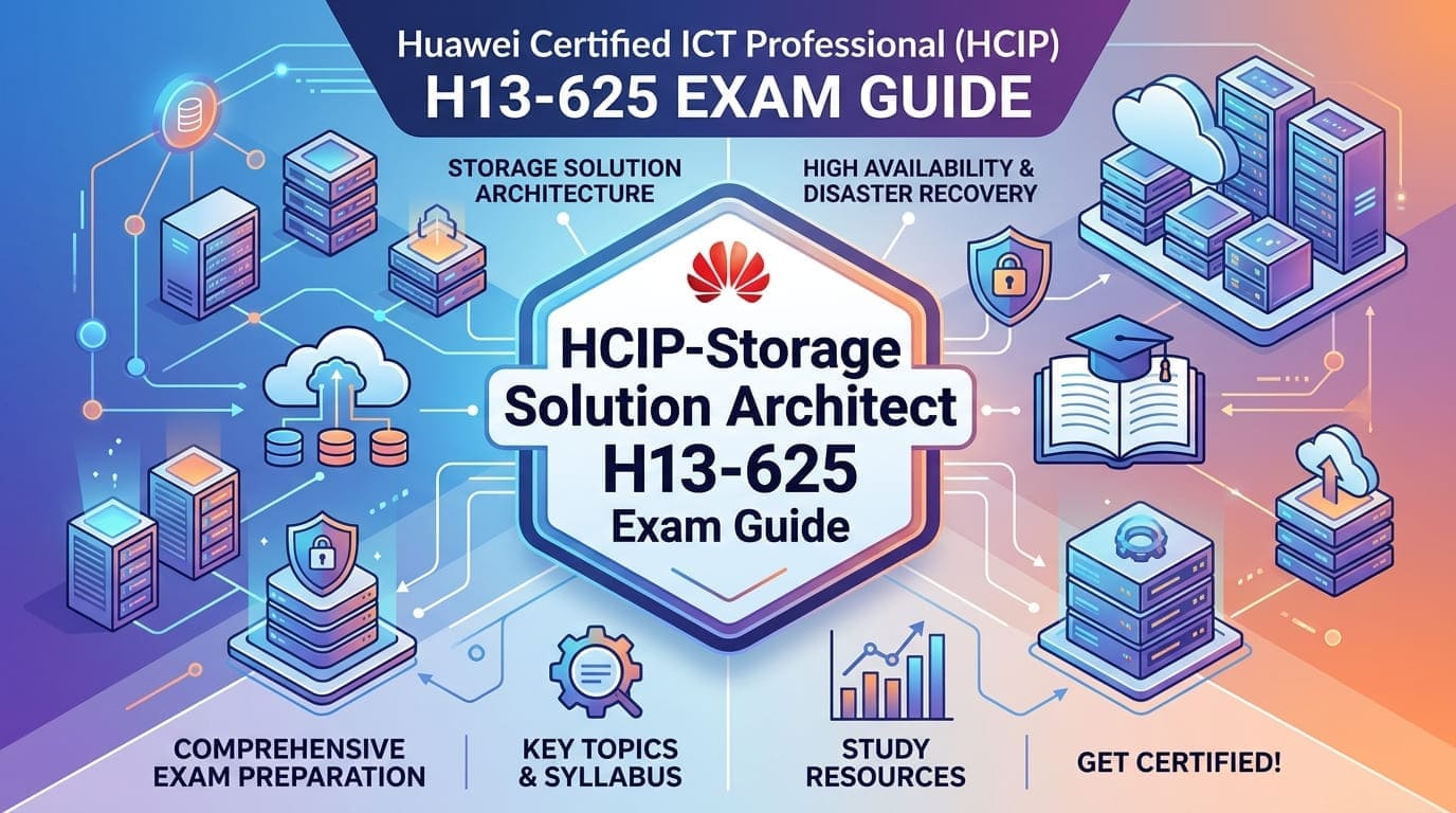 H13-625 HCIP-Storage Solution Architect Exam Guide cover featuring enterprise cloud storage architecture, disaster recovery, and certification topics