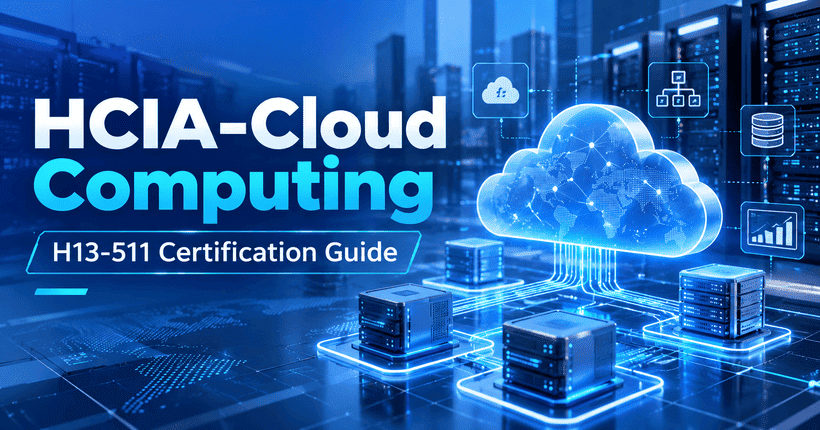 HCIA-Cloud Computing H13-511 certification guide cover featuring cloud infrastructure, virtual servers, and enterprise networking technology. Copy