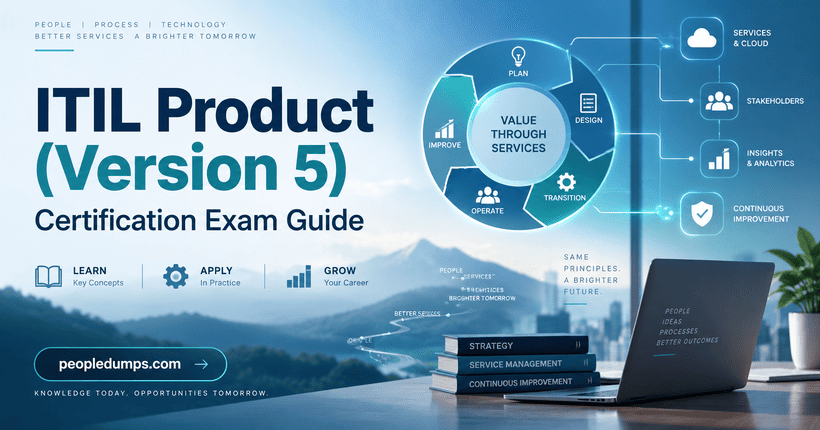ITIL Product Version 5 certification exam guide with product lifecycle, service management, cloud, analytics, and continual improvement concepts