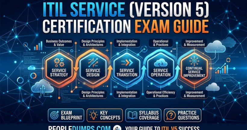 ITIL Service Version 5 Certification Exam Guide cover featuring core service lifecycle stages and key exam concepts.