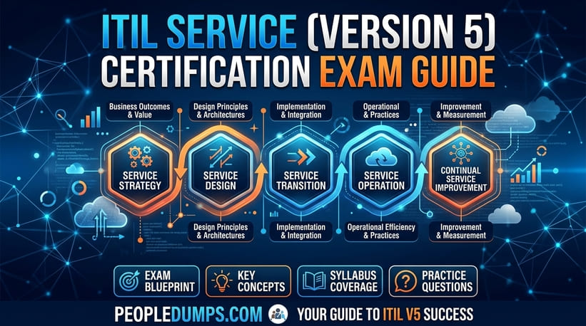 ITIL Service Version 5 Certification Exam Guide cover featuring core service lifecycle stages and key exam concepts.