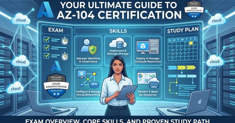 Complete guide to Microsoft Azure Administrator AZ-104 certification covering exam overview, core skills, and study plan.
