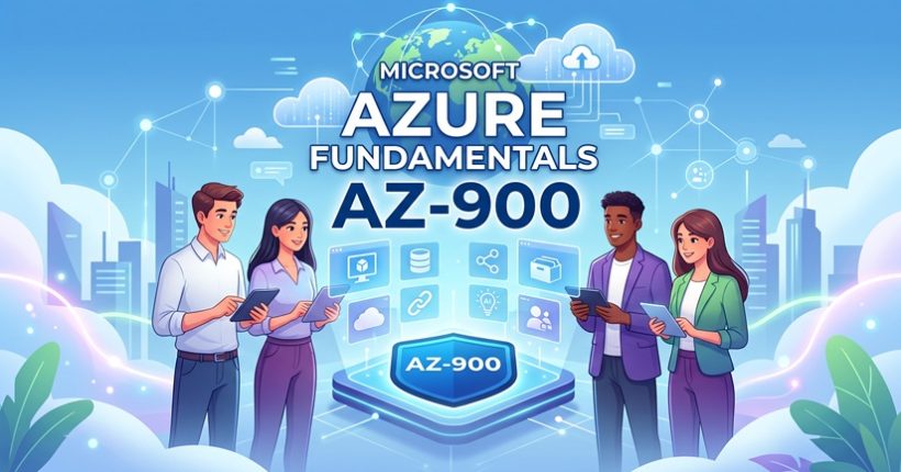 Microsoft Azure Fundamentals AZ-900 certification exam guide illustration featuring cloud architecture icons and IT professionals.