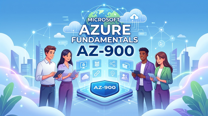Microsoft Azure Fundamentals AZ-900 certification exam guide illustration featuring cloud architecture icons and IT professionals.